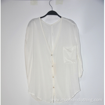 Ladies' Dyed White Silk Chiffon Blouses With Pockets